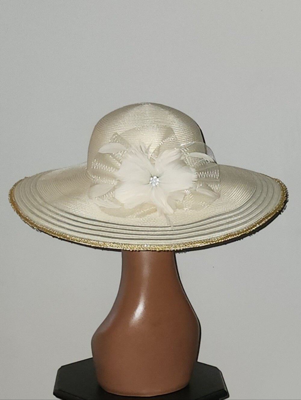 August Hats Cream Wide-Brim Hat with Floral Trim and Gold Edge
